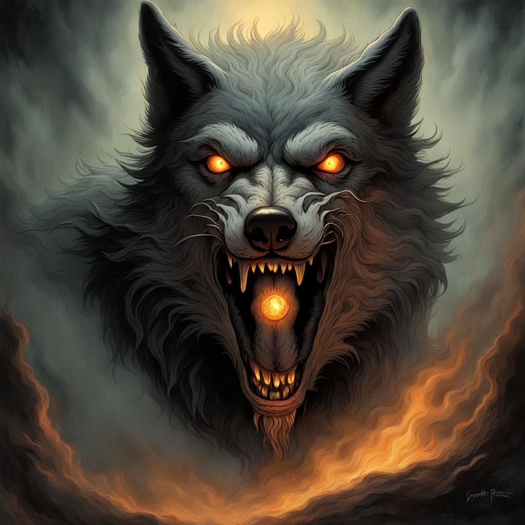 smokey wolf with glowing eyes growling  horror Gustave Doré Greg Rutkowski
