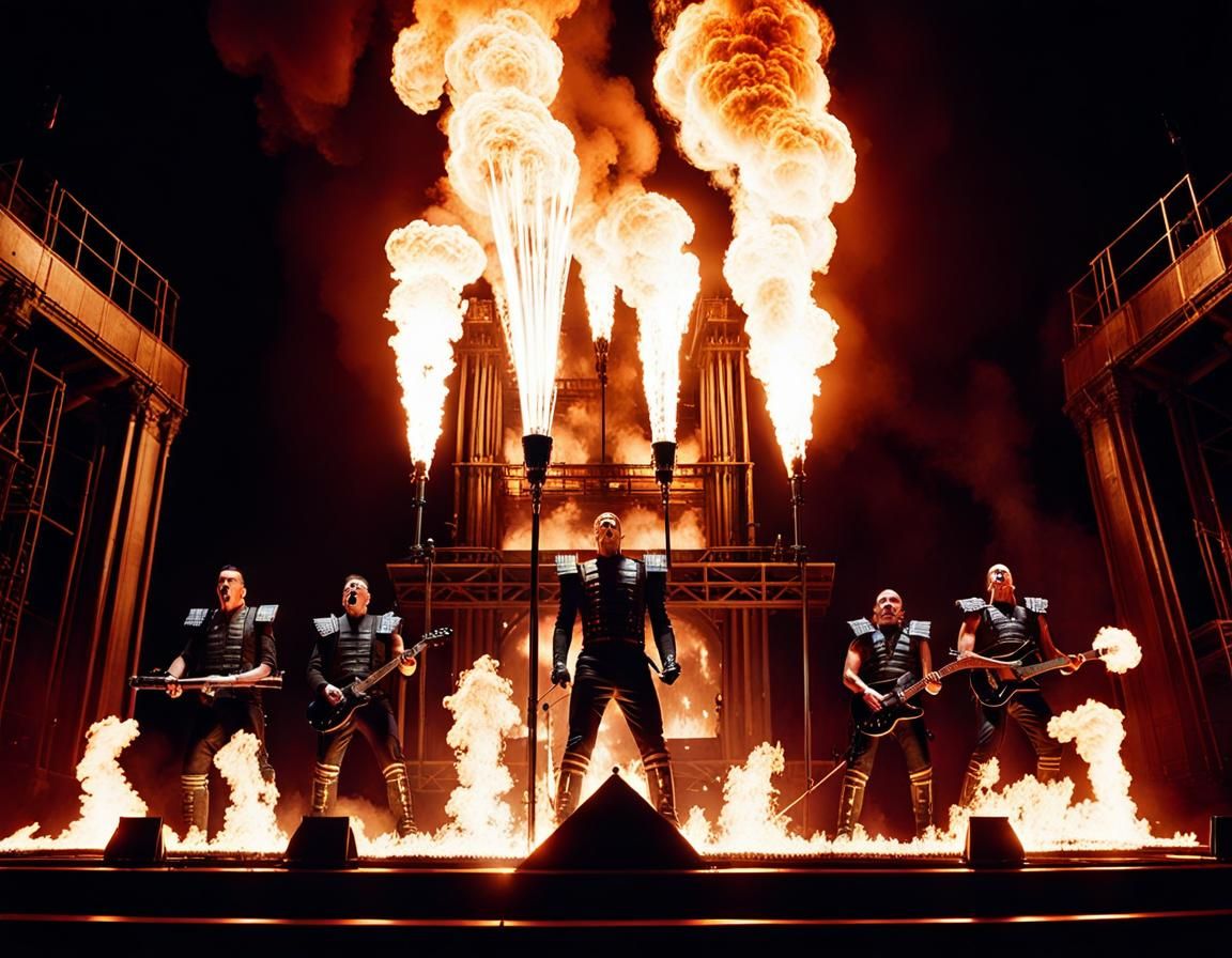 Cinematic still of Wild Rammstein Concert performing Feuer Frei, facial