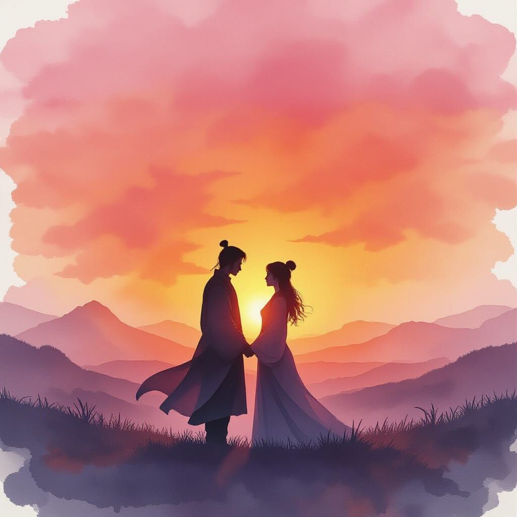 Watercolor Sunset Silhouette of Embracing Figures