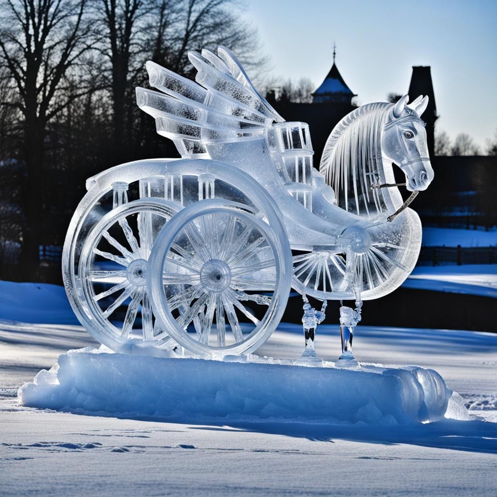 Ice sculpture of a carraige mounted on the back of an ice sw...