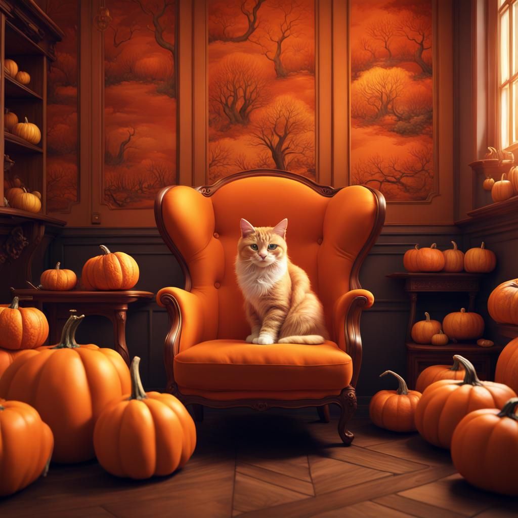 Fall orange cat with orange pumpkins in an orange cozy chair in an orange wallpaper cafe  by @undefined