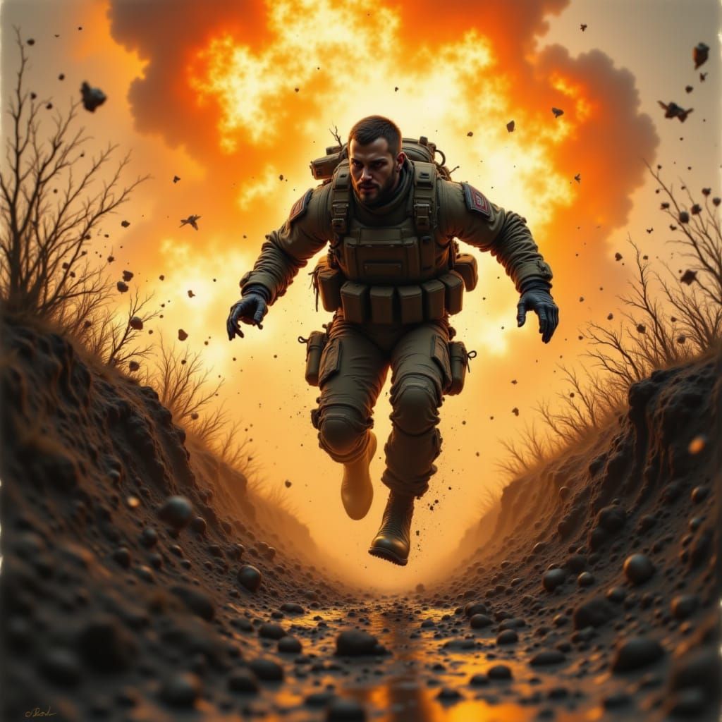 <lora:Action and Motion:1.0><Action-Motion>a modern soldier jumping in to a fox hole an explosion behind him