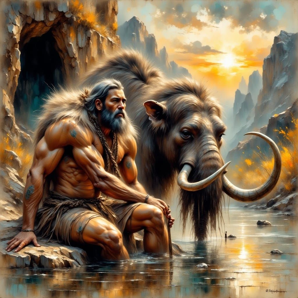 A caveman, wild gray hair, holding a wooden stick with a sharp point of stone. He sits on the back of ...  by @Jai