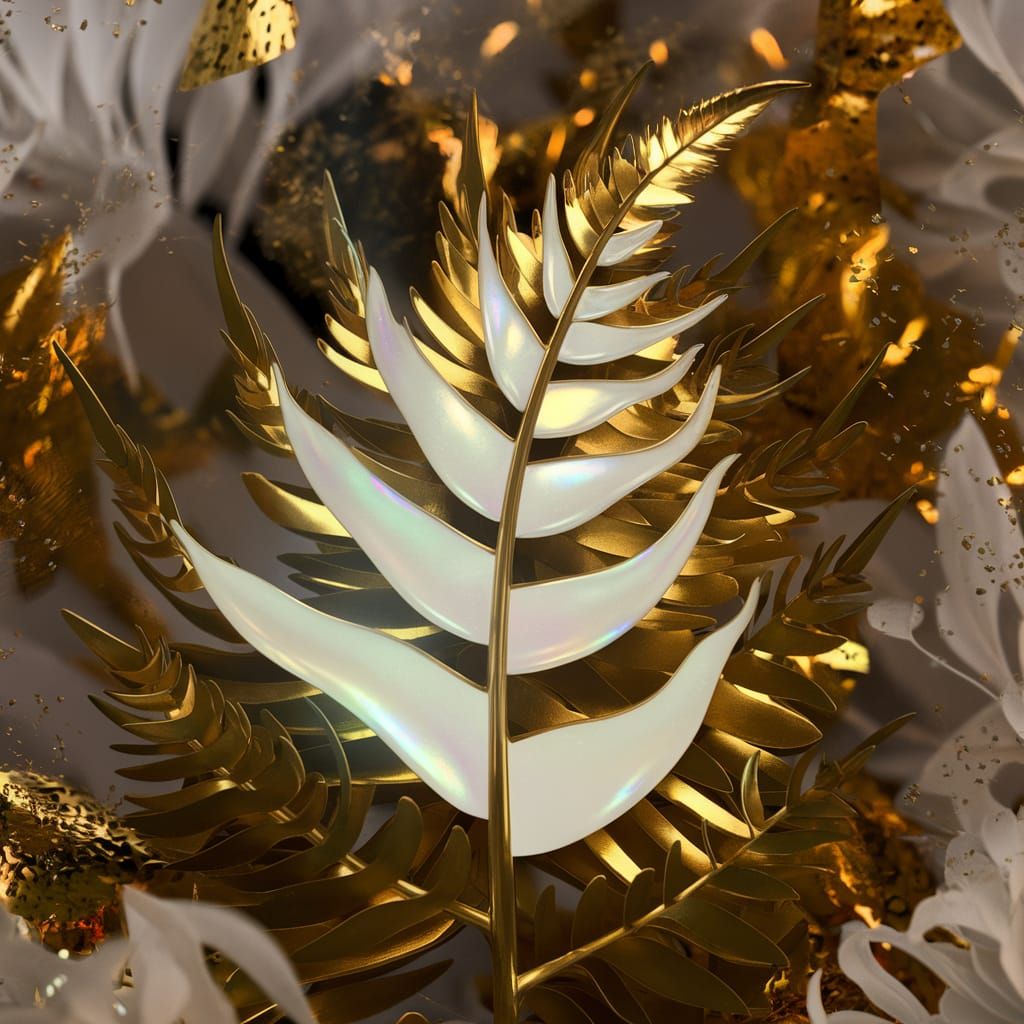 .Iridescent, iridescent fern flower. Long, golden, jagged le...