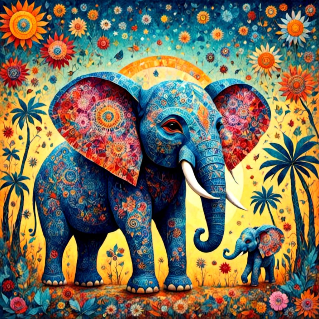 Turquoise Elephant and Baby in Tropical Sunset
