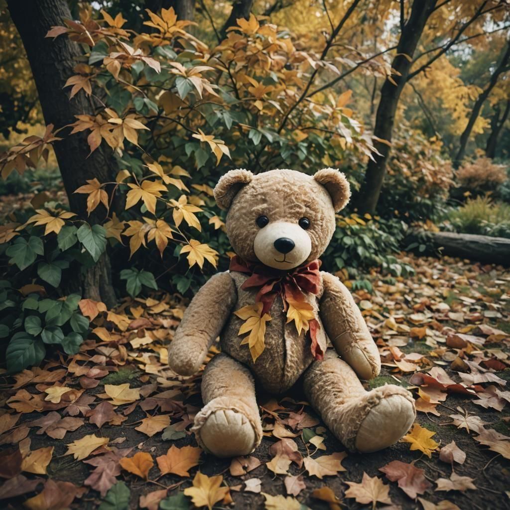Teddy bear Lost one eye and one arm beside Autumn tree leaves in the Garden Forgotten