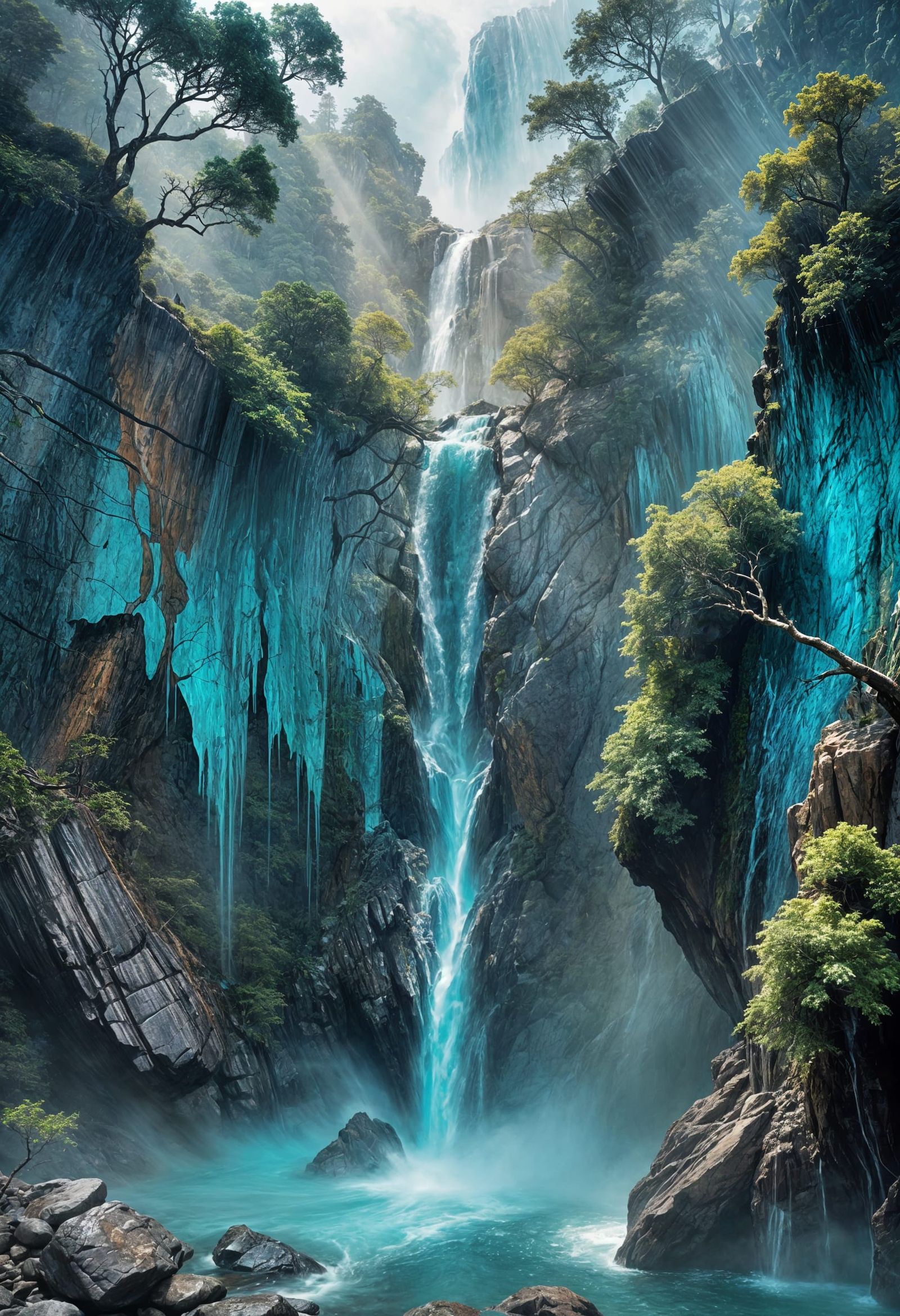 Hyper close intense drone camera looking down at hyperdefined waterfall flowing off large cliff in optical ...  by @Showy