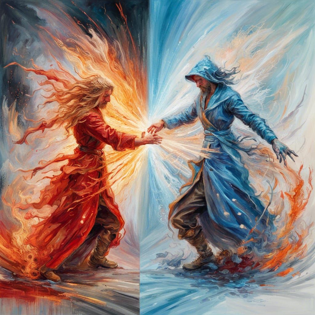  versus ice wizard shooting magical energy beams battle scene  by @klenernani