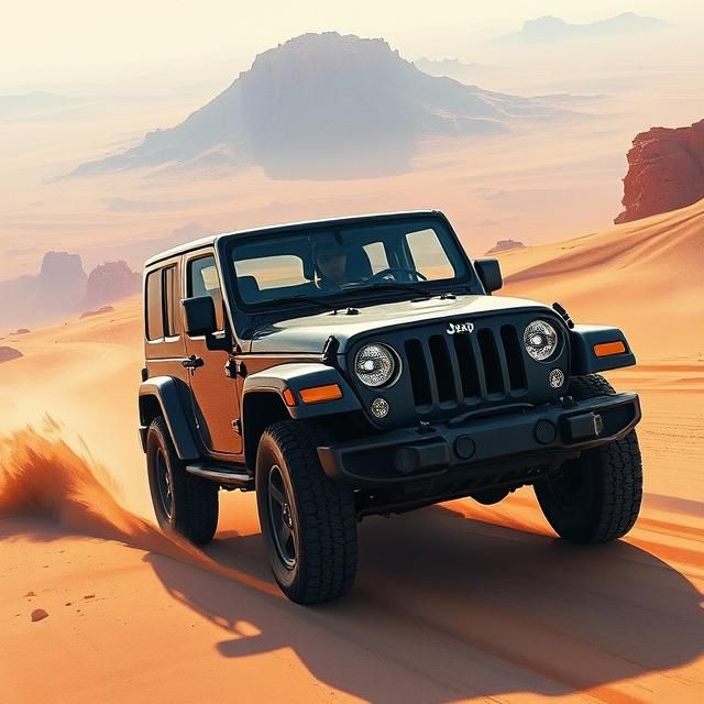 LARA CROFT DRIVING A BLACK JEEP WRANGLER IN THE ARABIAN DESE...