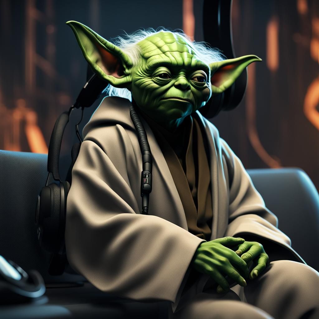 Master Yoda from Star Wars listening to music on his black h...