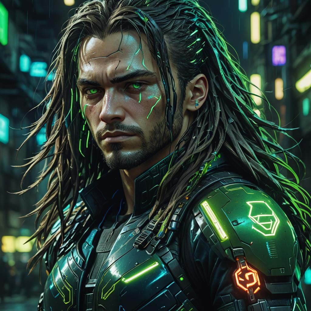 Cyberpunk Warrior in Neon Alleyway