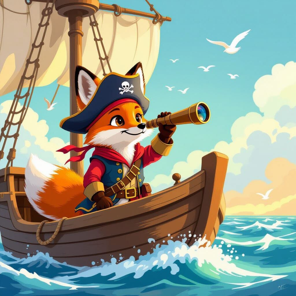 Cute Fox Pirate on Ship Gazing Through Telescope