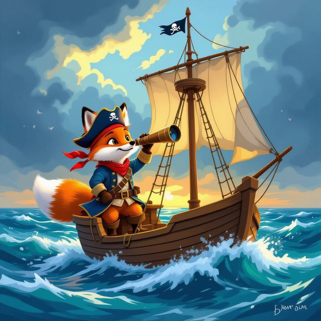 Pirate Fox on Ship Gazing Through Telescope