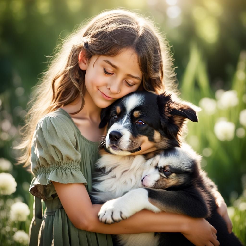 A small, young, 10-year-old, rustic girl hugging her fluffy ...
