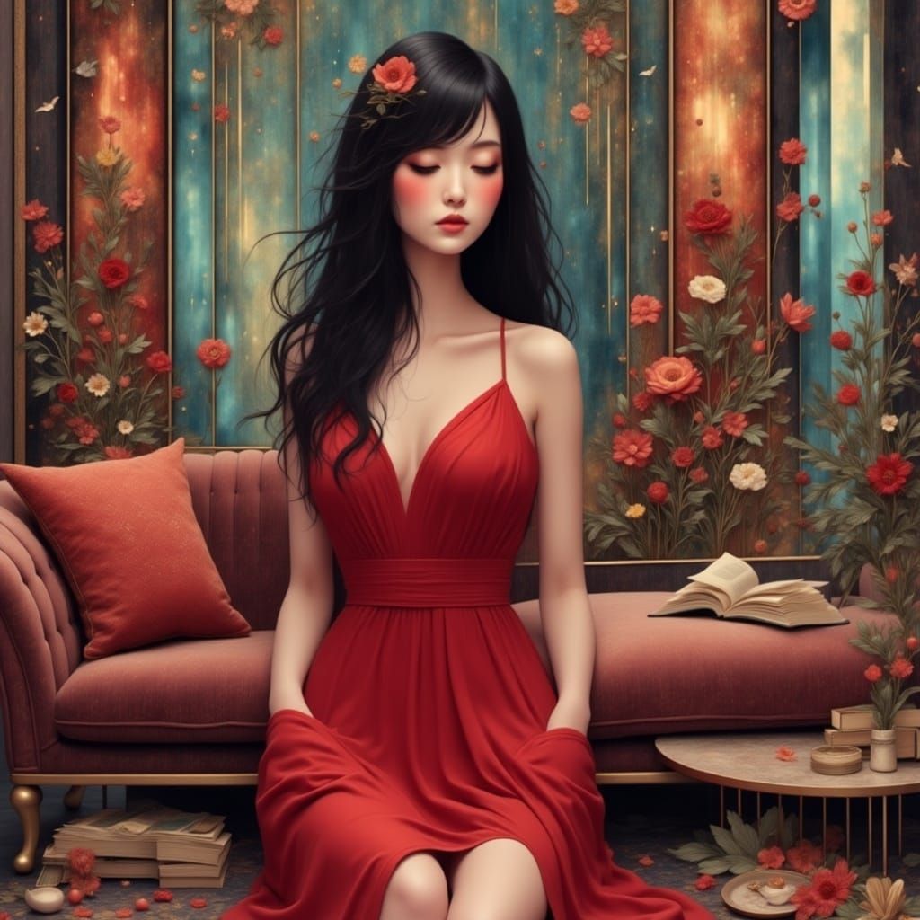 Red Flair Dress with Pocket groves on a slim woman of asian descent in a futuristic living room with maroon highlights abstract art fine det...