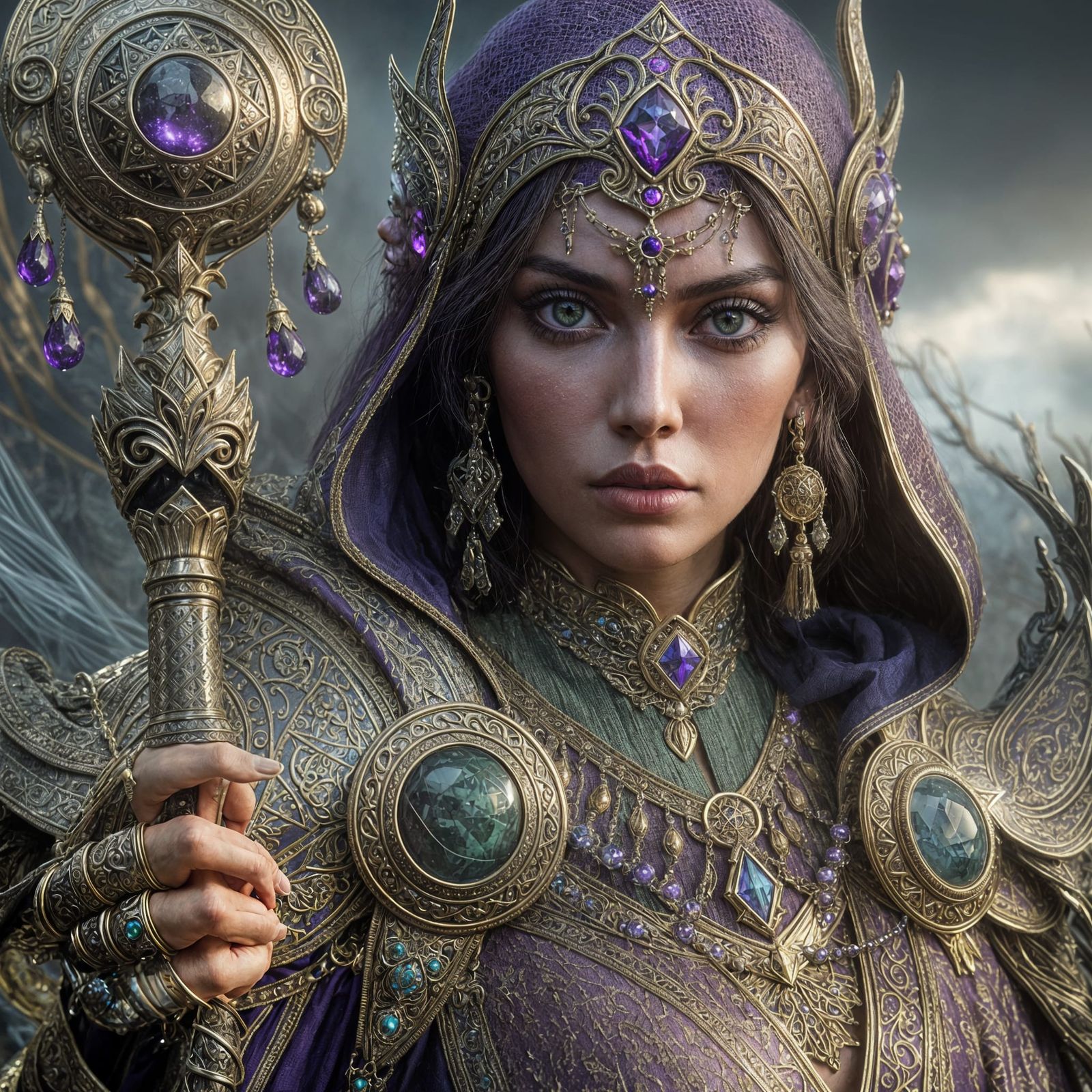 Hyper-realistic cinematic 35mm portrait of a powerful female sorceress in ornate purple and green armor, ...  by @Just Mo