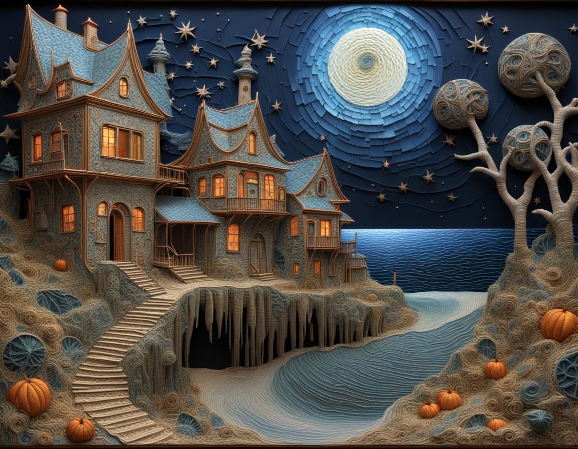 3d stumpwork;haunted abandoned coastal village by artist "Ag...