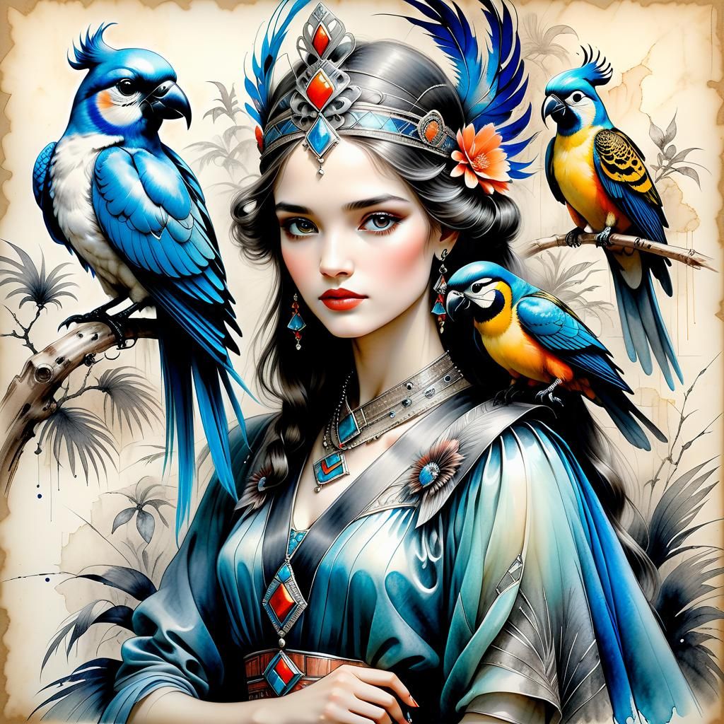 Art Deco Princess with Exotic Birds