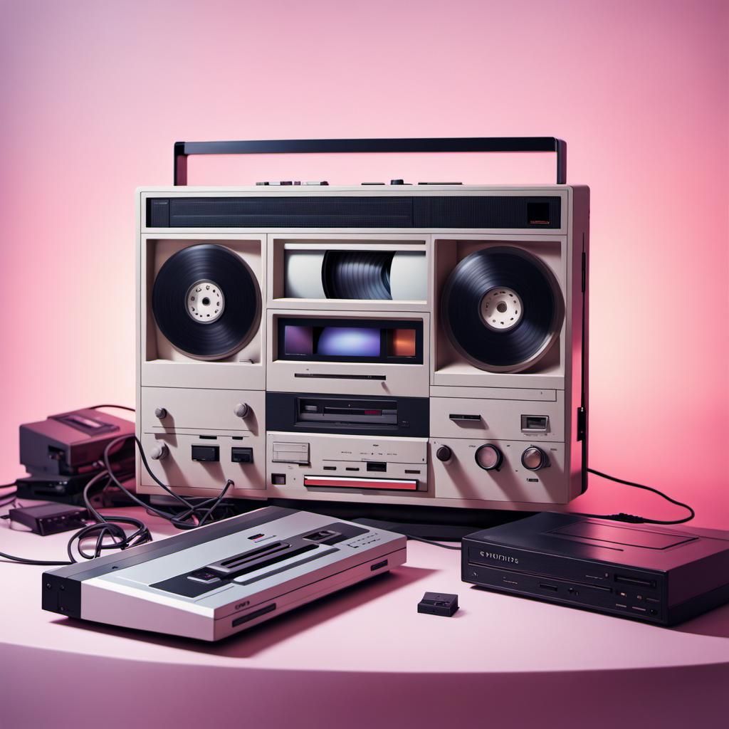 Manipulated images of vintage technology, such as old computers, VHS