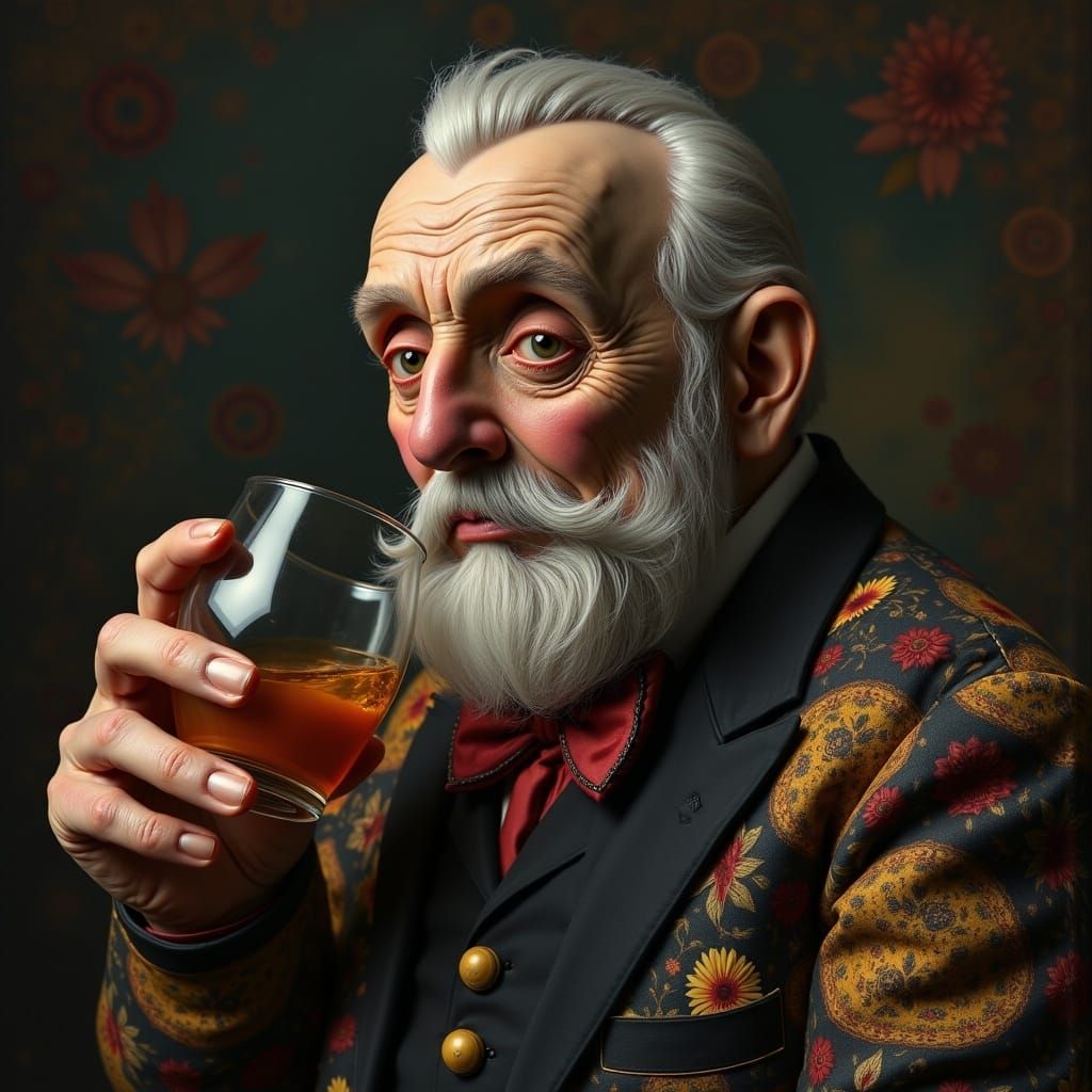 <lora:MESSY POP SURREALIST:1.0> Portrait: old man with whiskey; by Greg Rutkowski, Dan Mumford, Natalia Kadantseva; hyperdetailed, hyperreal...