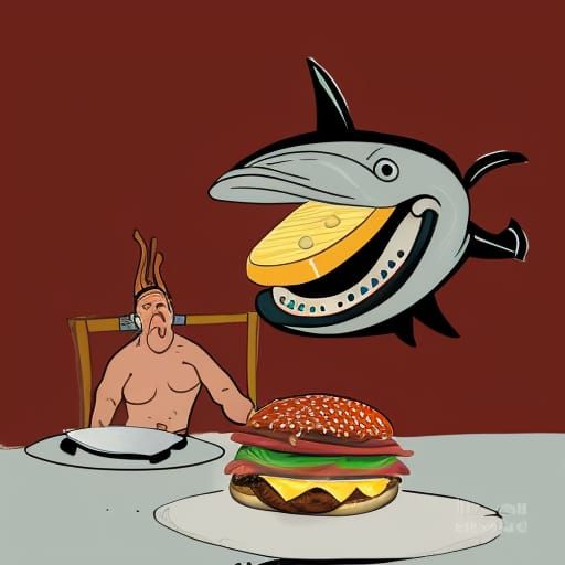 Trout eating a double cheeseburger under the sea, pencil ske...