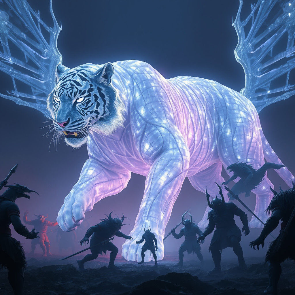 A huge, mystical tiger, made entirely of translucent, glowing white light and shades of blue and lilac that shine brightly around its body,...