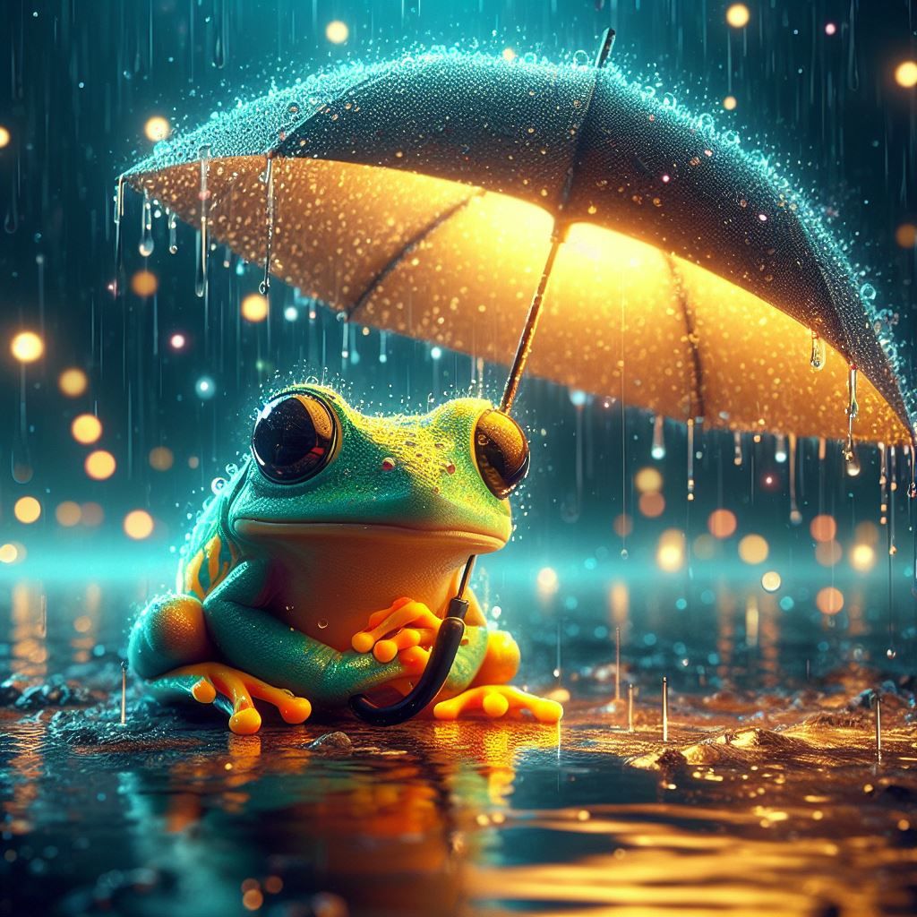 a frog sitting under an umbrella in the rain