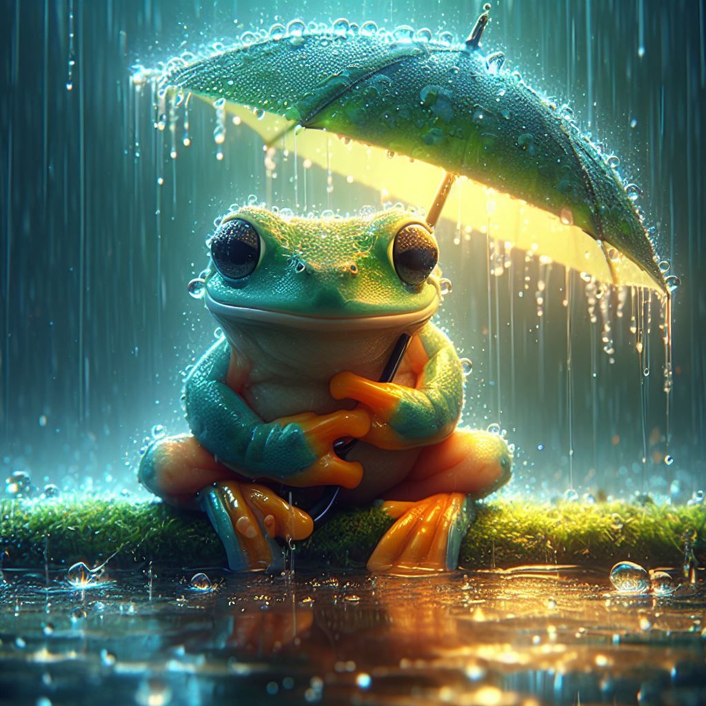 a frog sitting under an umbrella in the rain
