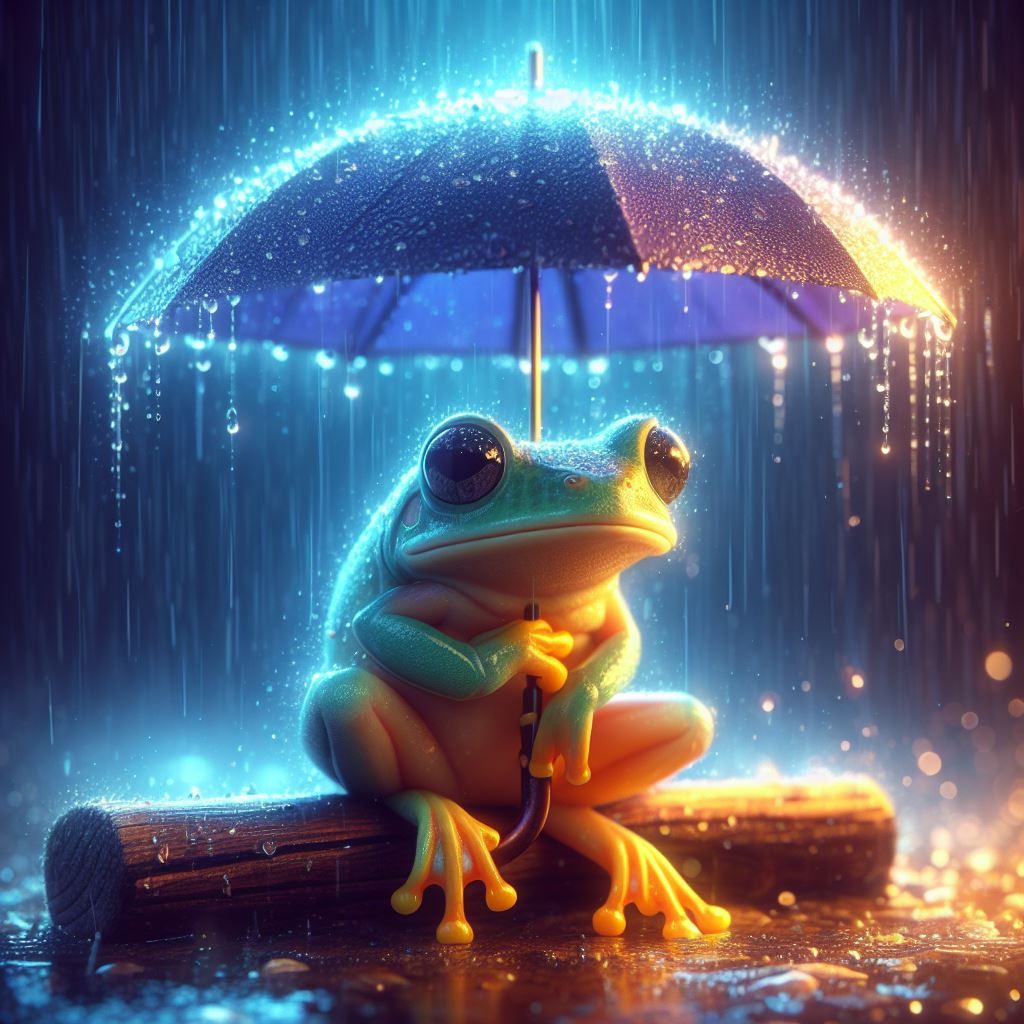 a frog sitting under an umbrella in the rain - AI Generated Artwork ...