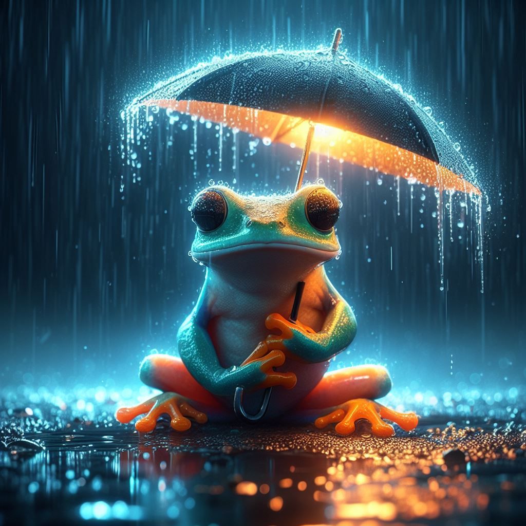 a frog sitting under an umbrella in the rain