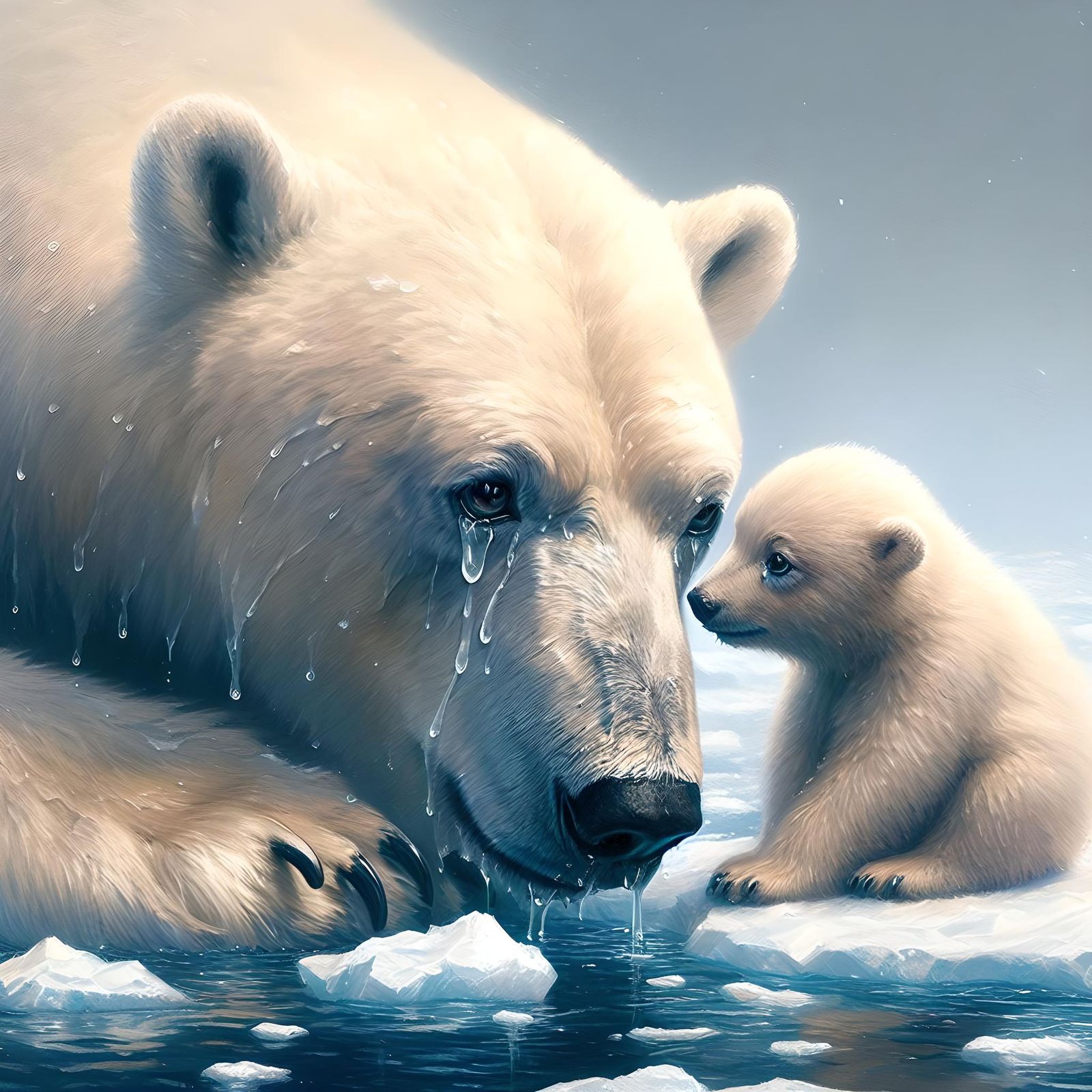 Sad Mother Polar Bear with her Baby on Melting Ice