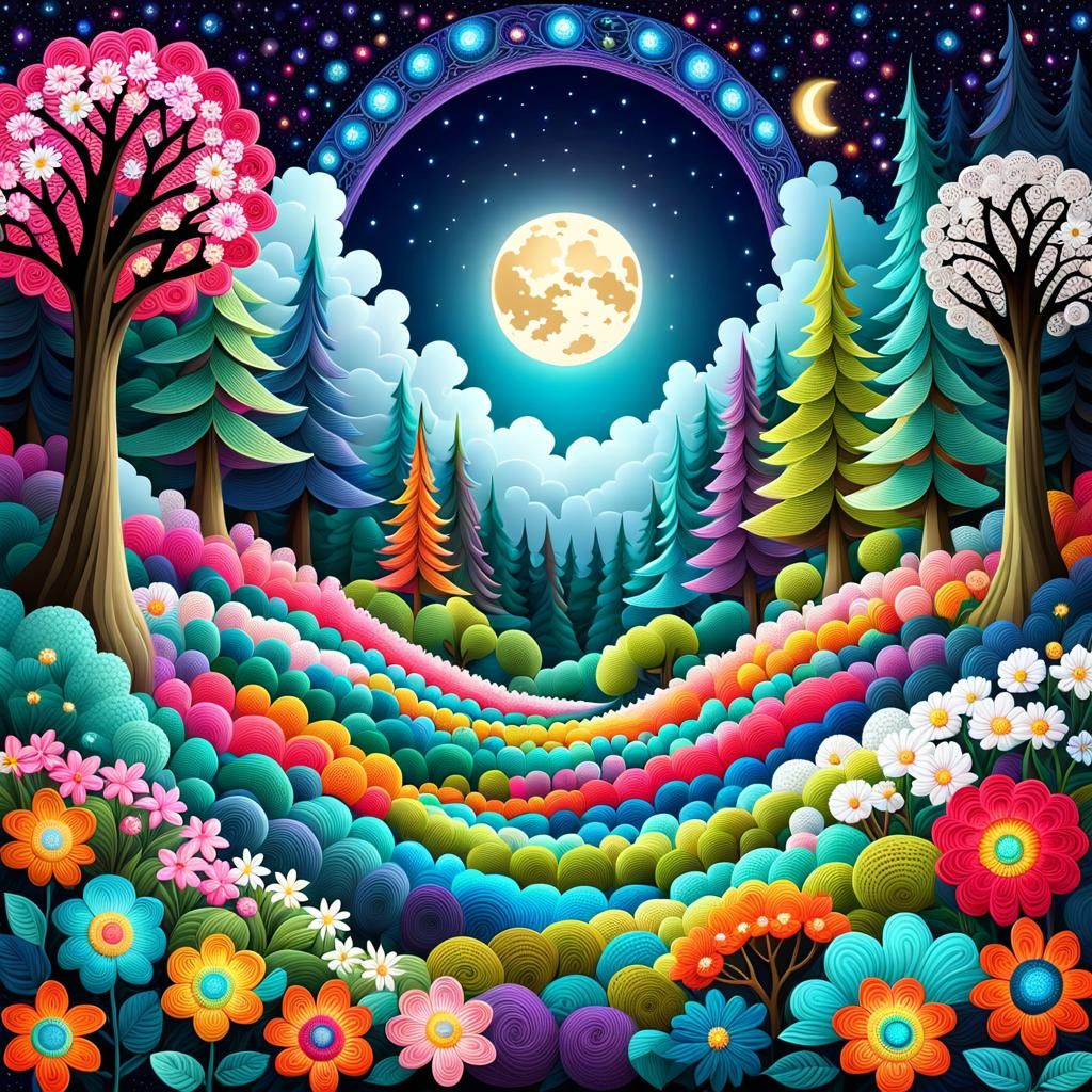 Magical, Mystical beautiful crochet forest w/varieties of color ful lovely flowers, full moon, starry sky. abstract vector fractal, wave fun...