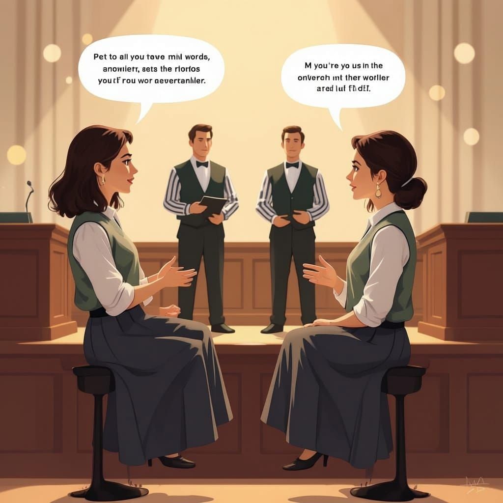 Two girls having a coversation in english (baloon text) in front of four referees on a stage, like having a lecture in modest clothes