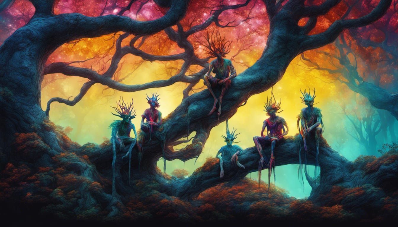 playful psychedelic wood elves sitting on tree branches in p...