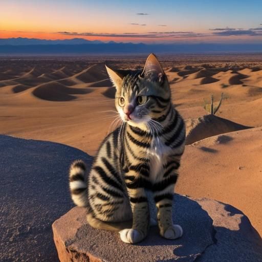 A Grumpy Kitten sitting on a rock, stunning desert sunset. E...