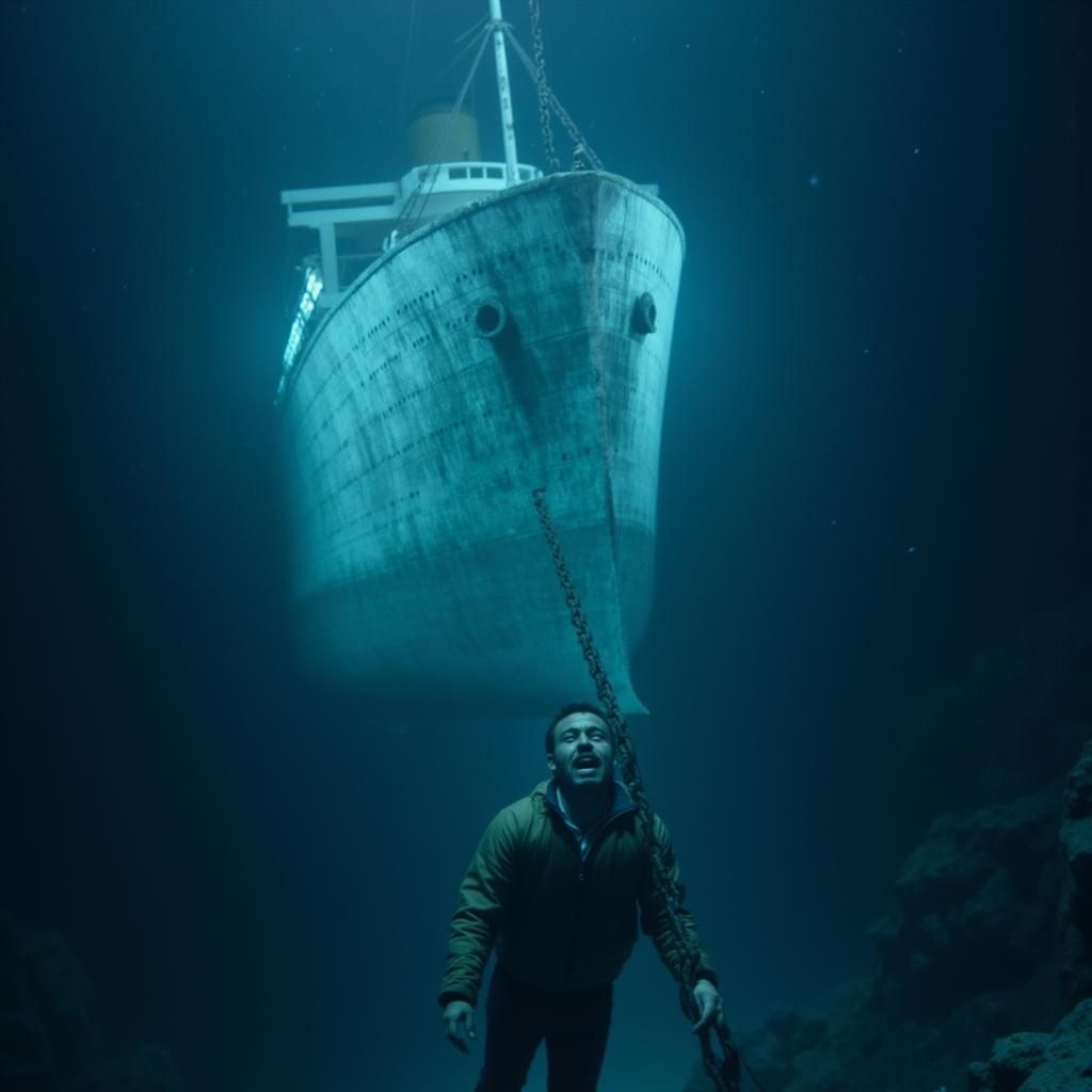 Night terror thalassophobia Horror art creation of a human man being pulled down to the bottom of the Atlantic Ocean to ...