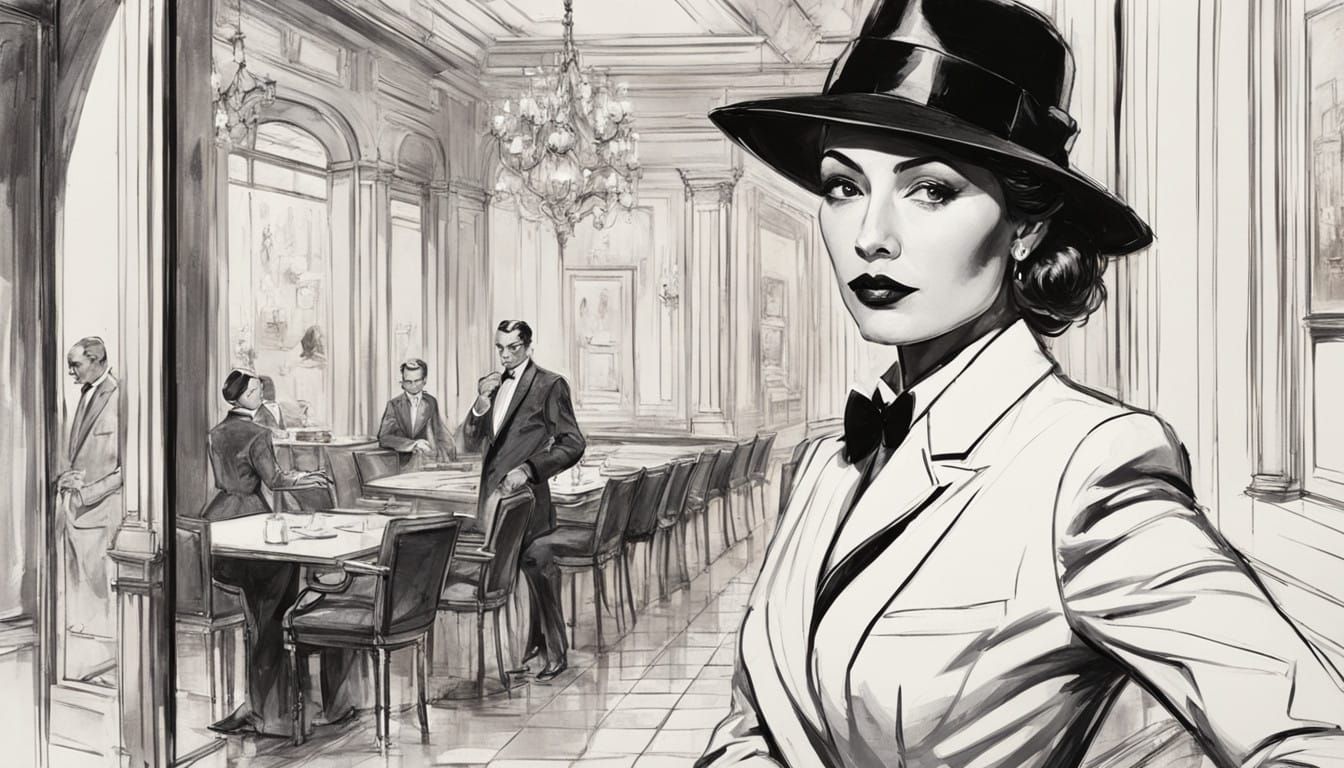 Chic A woman in a black tuxedo her hair is pulled up a black hat her head is thrown back a