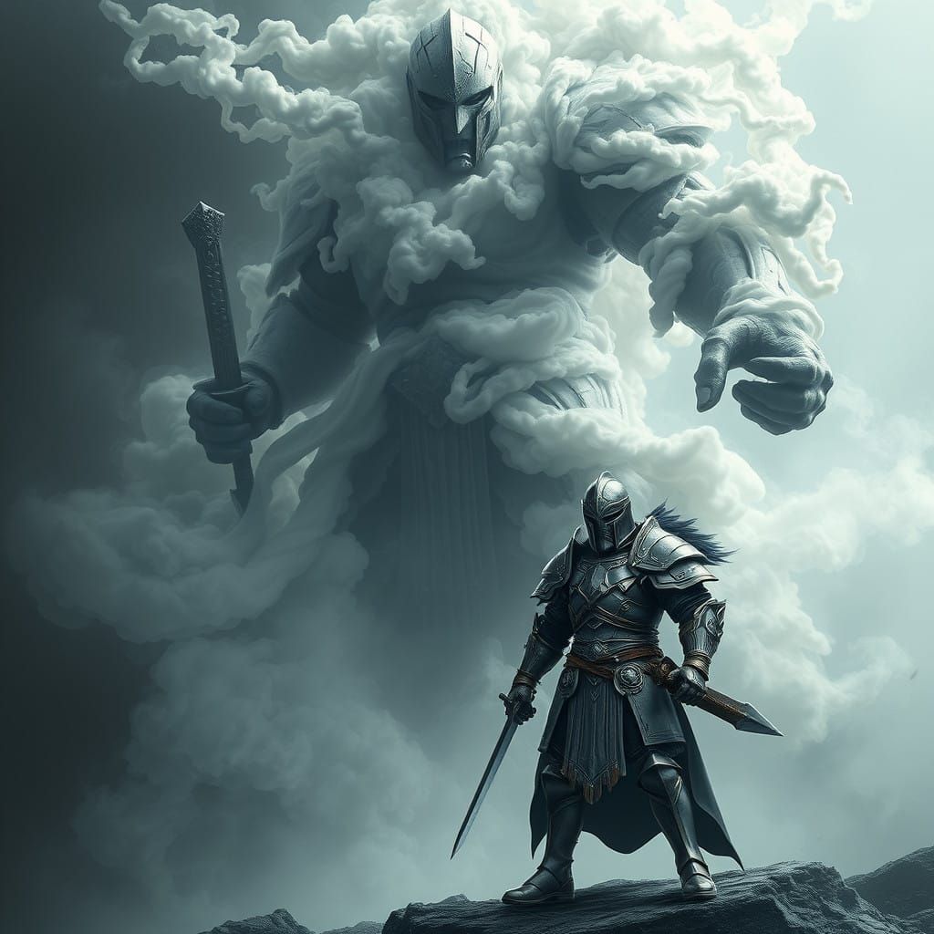 Ethereal Warrior Clash: Smoky Behemoth vs Metallic Hero