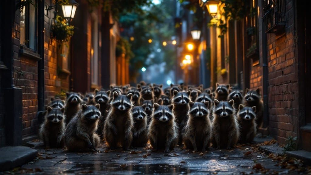 Raccoons in a Victorian alley  by @Mann McManahan