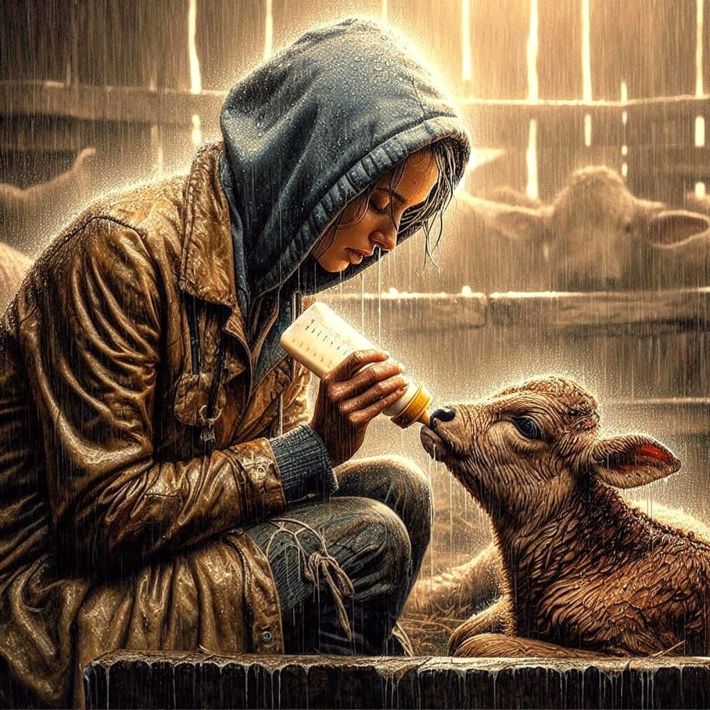 Rainy Day With Feeding the Calf