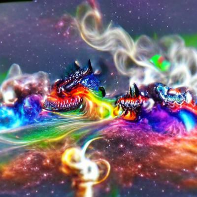futuritic galaxy rainbow smoke with 3 dragons blowing out fi...