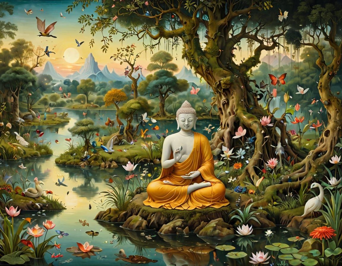 Buddha, sitting by a river, with tiny monsters all around, in the style of a Bosch painting