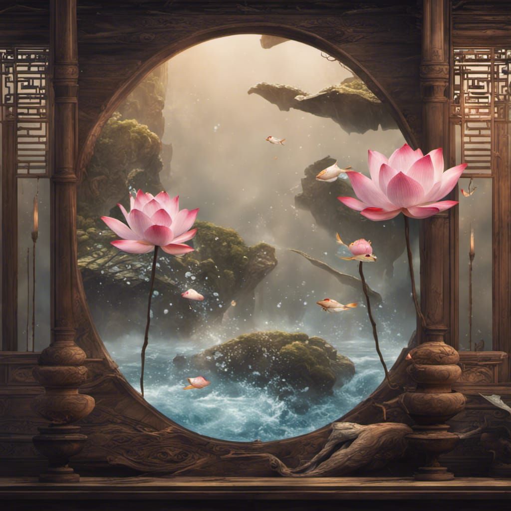Fan, lotus, fish, water splashes, wooden, oriental