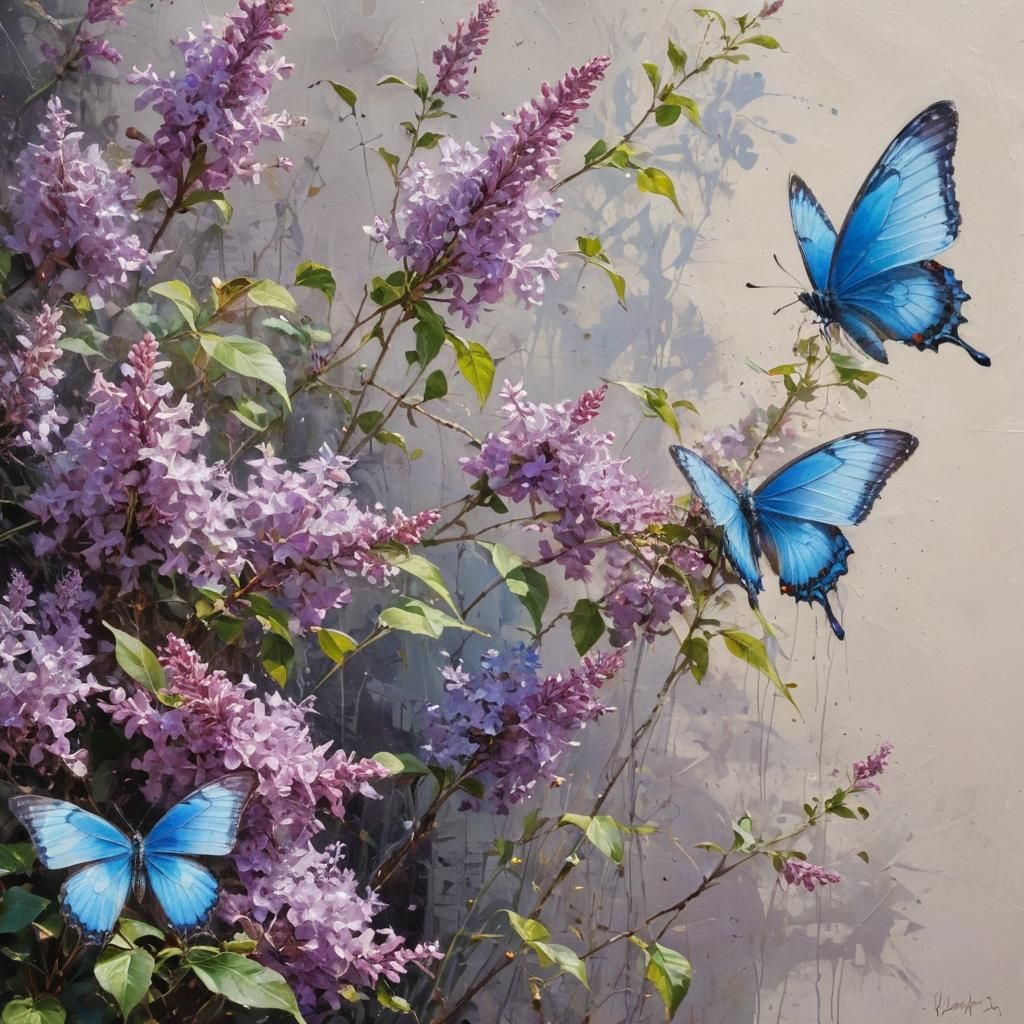 lilac bush with a blue butterfly