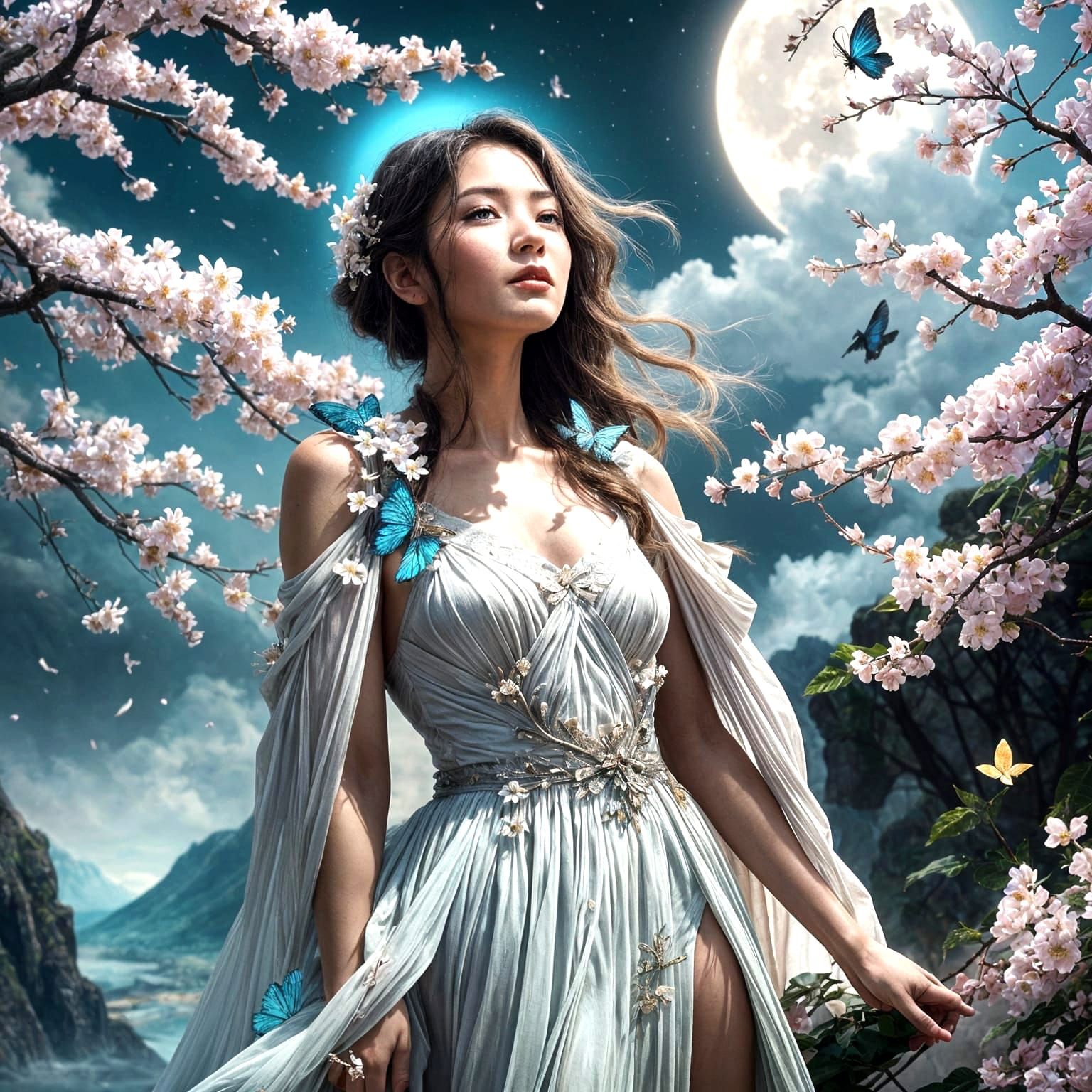 Cosmic Beauty with Moonlit Butterflies