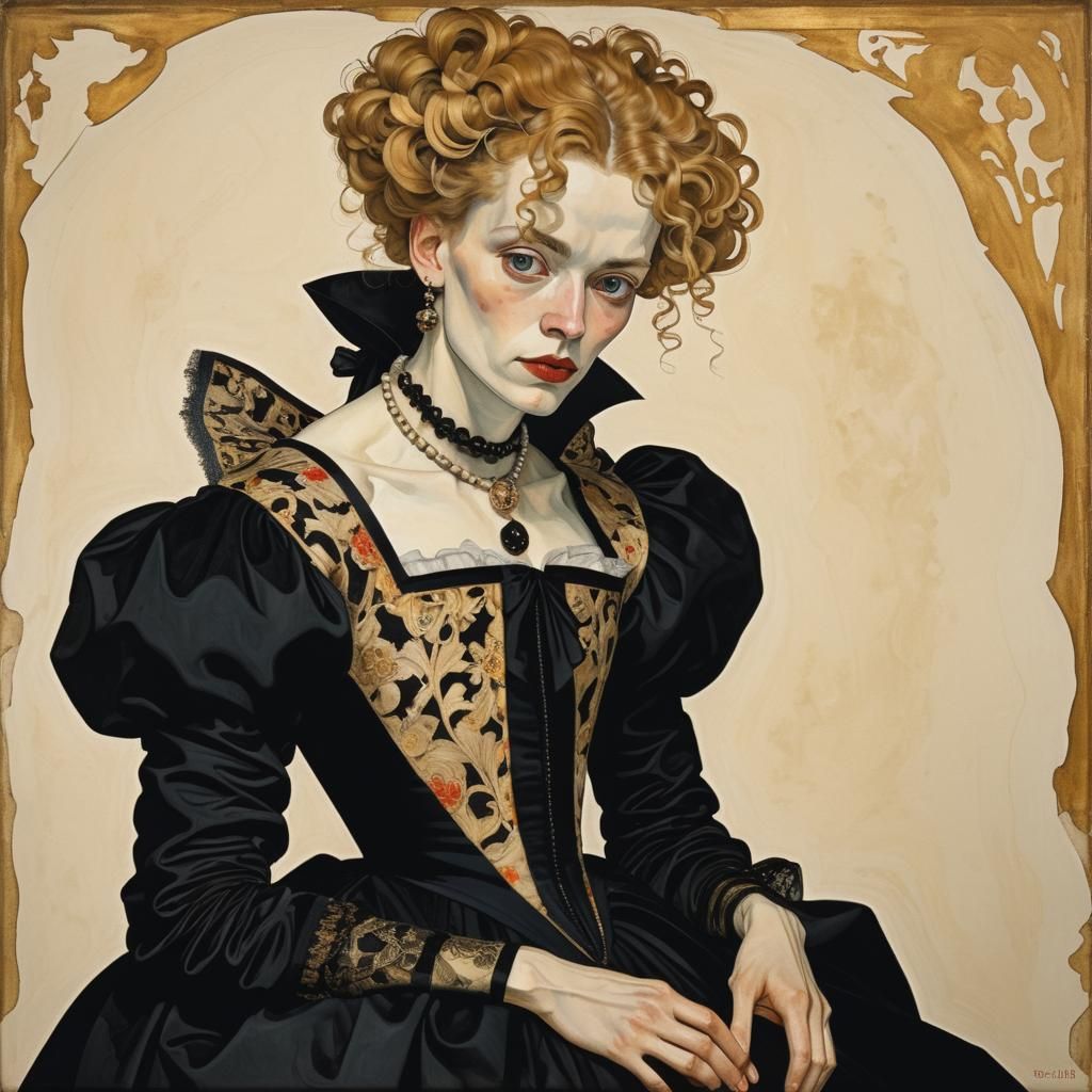 Beautiful lady young and thin with blonde curls and black gown in 1625 era fashion. baroque brocade Egon Schiele