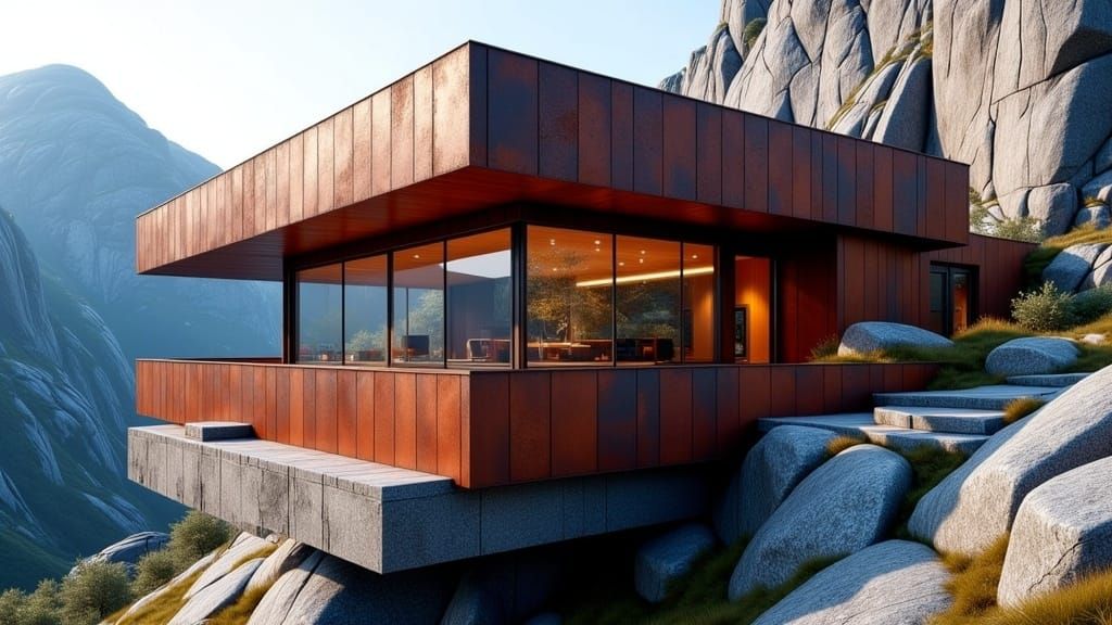 A modern corten steel and dark red bricks mixed house exterior designed by<lora:The Flux Architect:1.0> and implemented into a mountain clif...