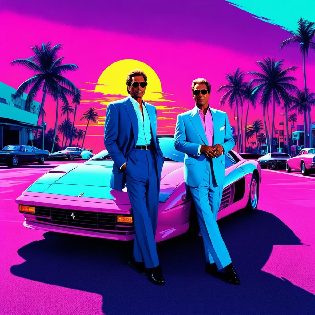 Miami Vice Portrait of Crockett and Tubbs in 1990's Miami, Digital art dreamy, surreal landscapes neon ...  by @HarrietM