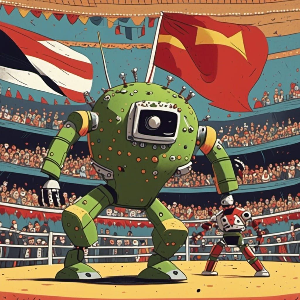 <lora:Cactus People:1.0> Frightened robot matador running from an angry mechanical bull in a futuristic arena with a large crowd of robot sp...