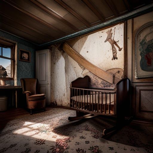 old victorian nursery bedroom, abandoned, wallpaper ripped o...